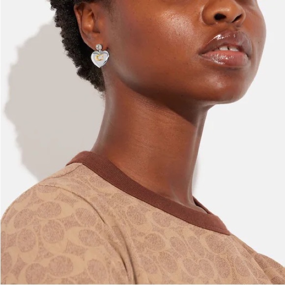 COACH Silver-tone Signature Heart Drop Earrings - Picture 9 of 12